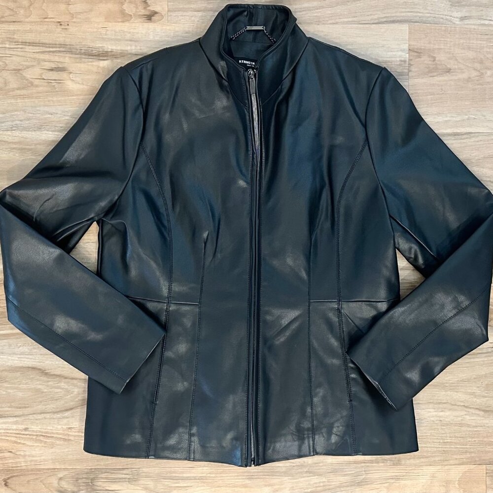 Kenneth Cole Black Faux Leather Moto Jacket Minimalist Zip Women Large